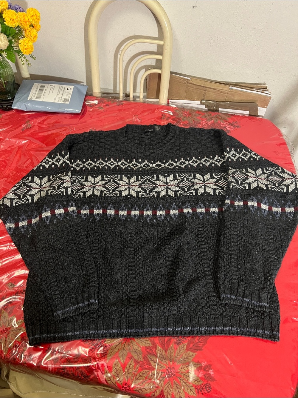 VTG Bill Blass Fair Isle Nordic Snowflake Crewneck Knit Sweater Gray Mens Sz XL
